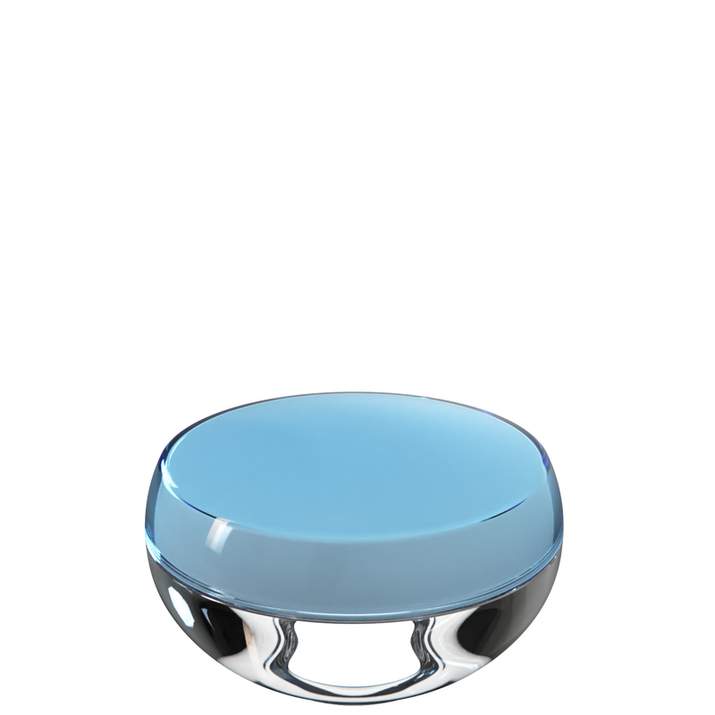 Ju 11 interchangeable cosmetic holder in steel blue and clear, angled view of the domed cap