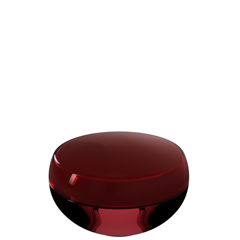 Ju 12 interchangeable cosmetic holder in translucent burgundy, angled view of the domed cap