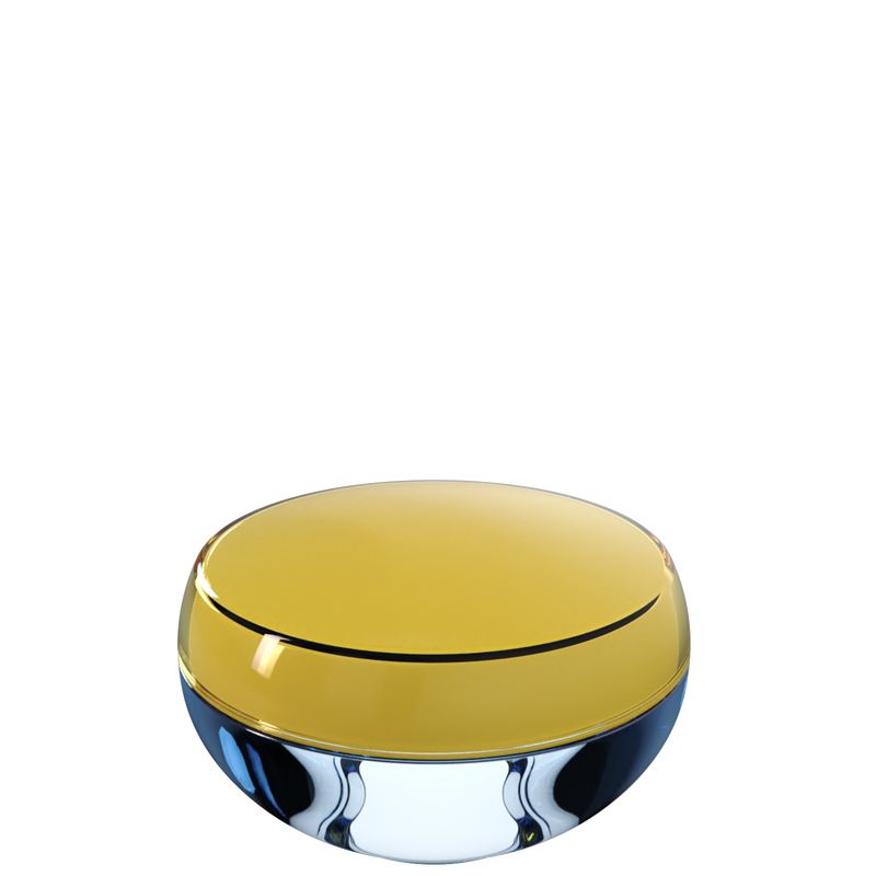 Ju 13 interchangeable cosmetic holder in gold and ice blue, angled view of the domed cap