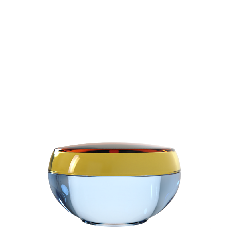 Ju 13 interchangeable cosmetic holder, gold cap with an ice blue body, front view