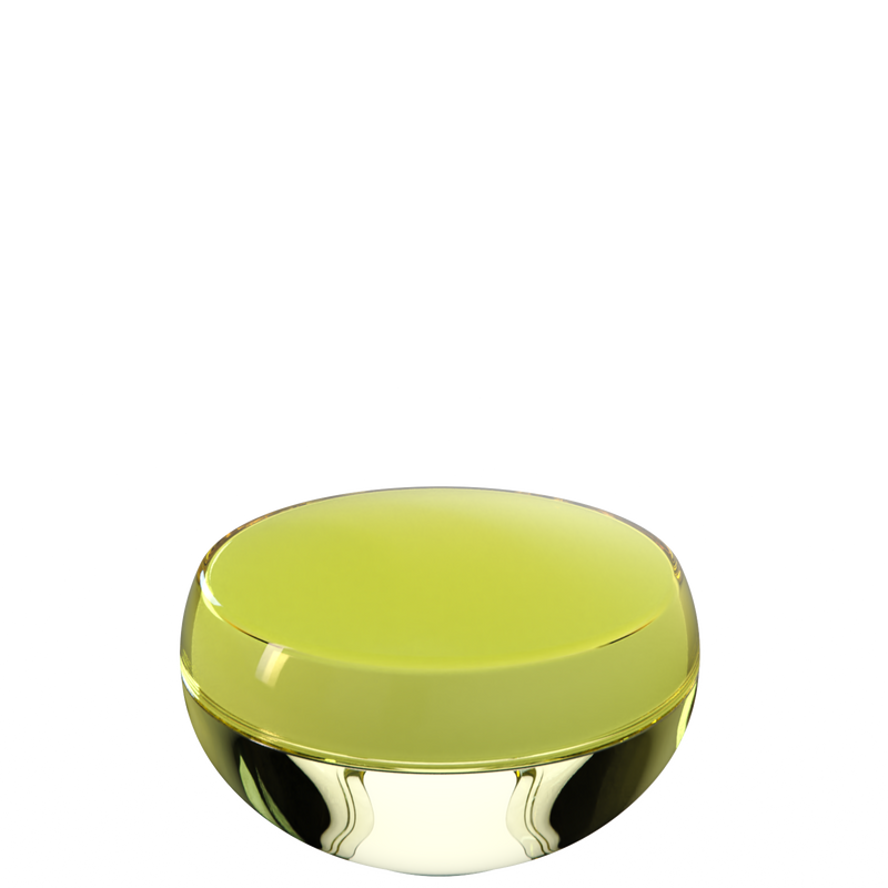 Ju 14 interchangeable cosmetic holder in olive yellow and pale yellow, angled view of the domed cap