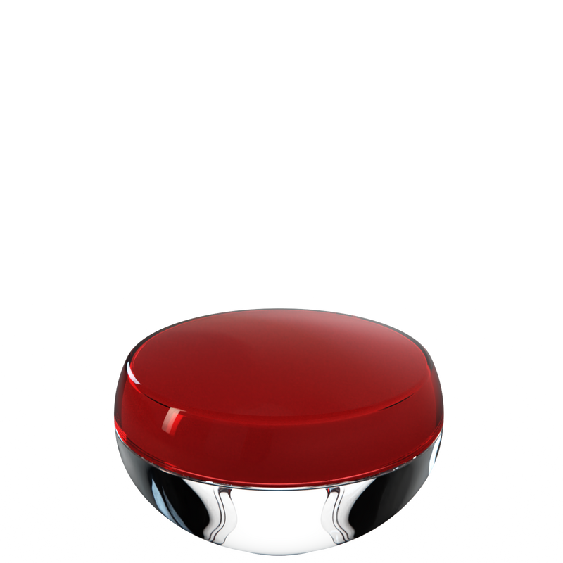 Ju 15 interchangeable cosmetic holder in dark red and clear, angled view of the domed cap