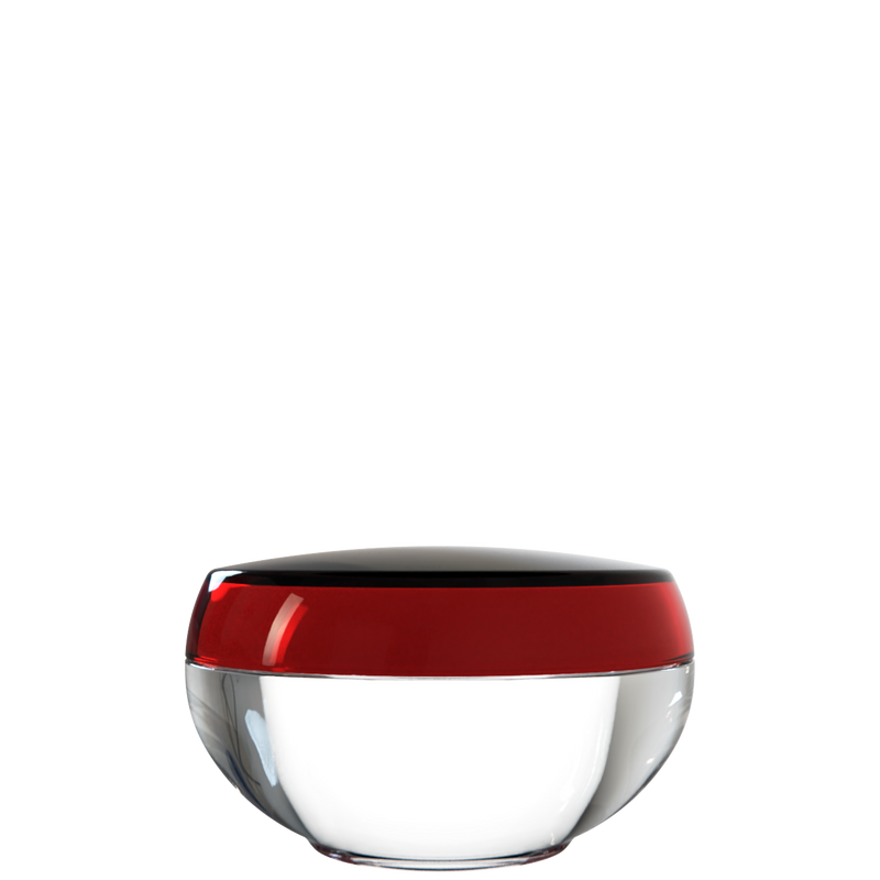 Ju 15 interchangeable cosmetic holder, dark red cap with a clear body, front view