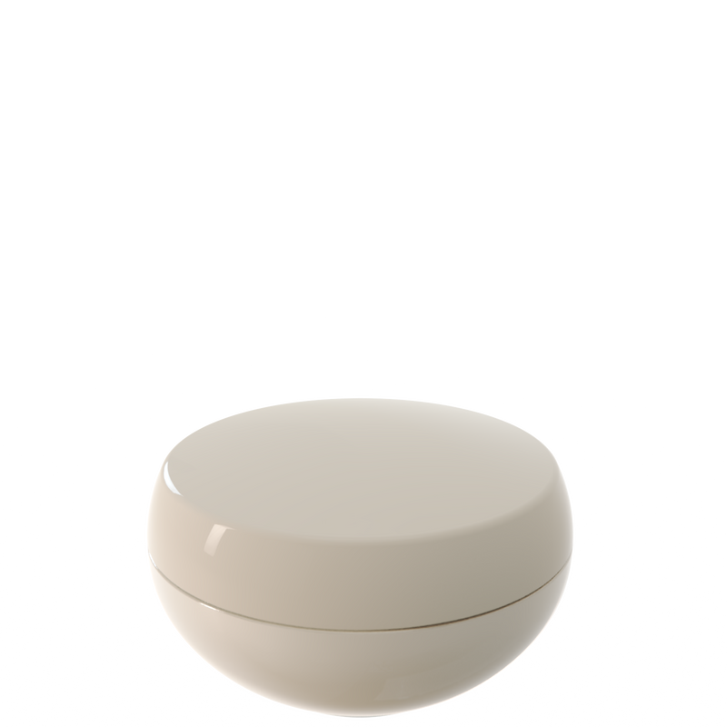 Ju 02 interchangeable cosmetic holder in warm grey, angled view of the domed cap