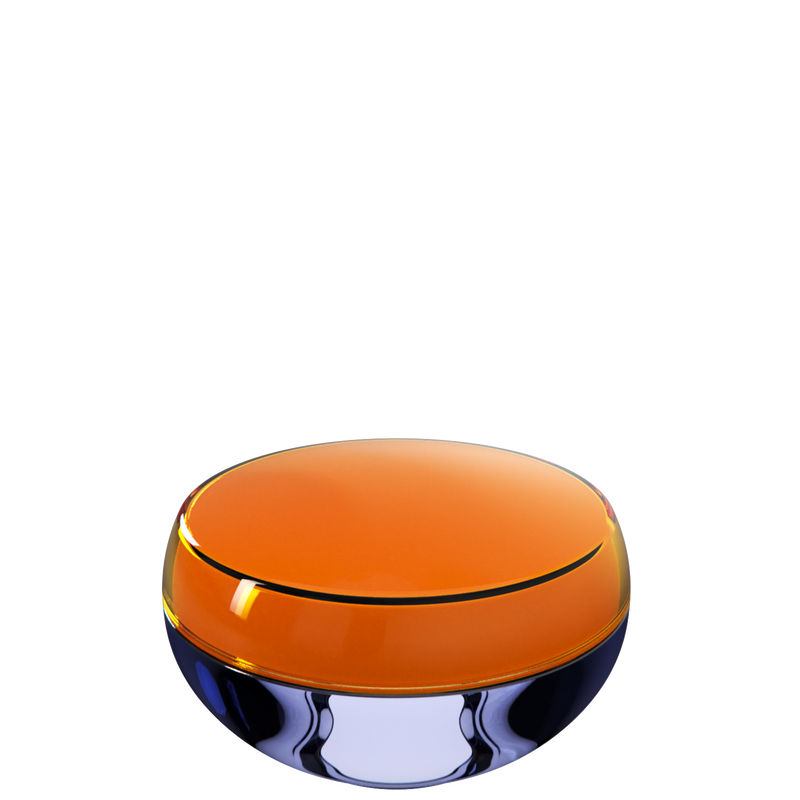 Ju 21 interchangeable cosmetic holder in orange and periwinkle, angled view of the domed cap