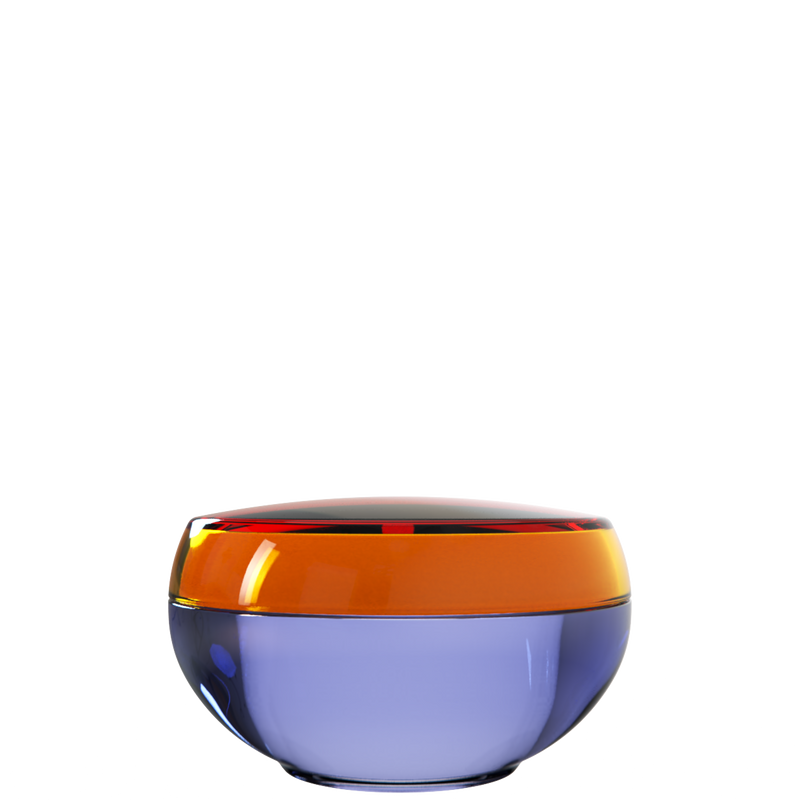 Ju 21 interchangeable cosmetic holder, orange cap with a periwinkle body, front view