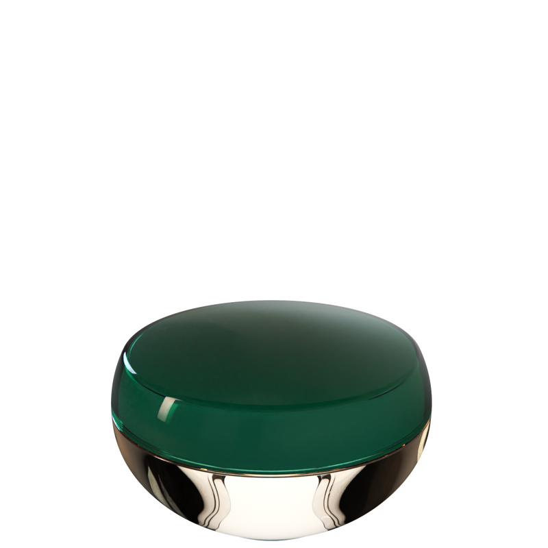 Ju 22 interchangeable cosmetic holder in dark green and ivory, angled view of the domed cap