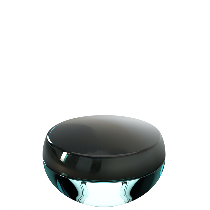 Ju 25 interchangeable cosmetic holder in charcoal and aqua, angled view of the domed cap