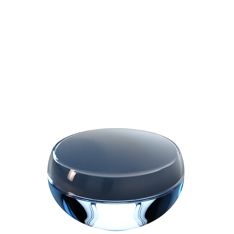 Ju 26 interchangeable cosmetic holder in steel blue and ice blue, angled view of the domed cap