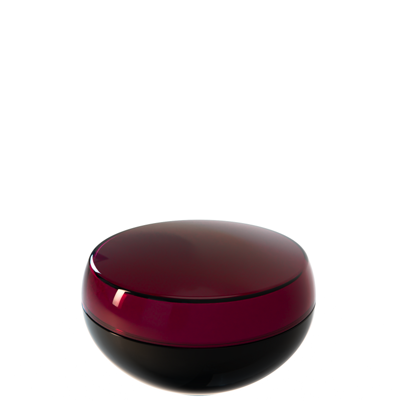 Ju 27 interchangeable cosmetic holder in burgundy and black, angled view of the domed cap