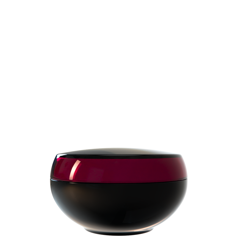 Ju 27 interchangeable cosmetic holder, burgundy cap with a black body, front view