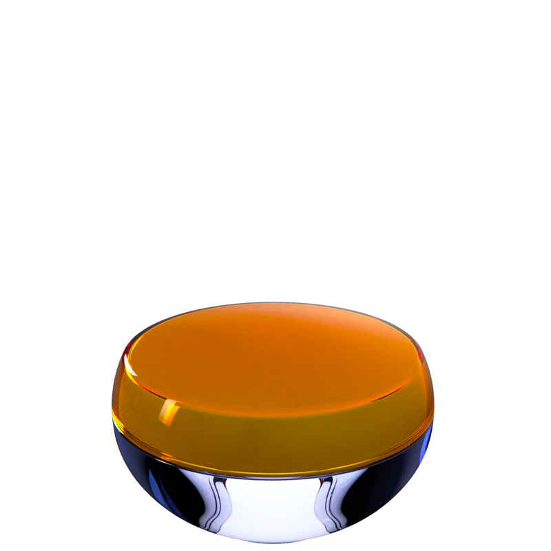 Ju 28 interchangeable cosmetic holder in amber brown and periwinkle, angled view of the domed cap