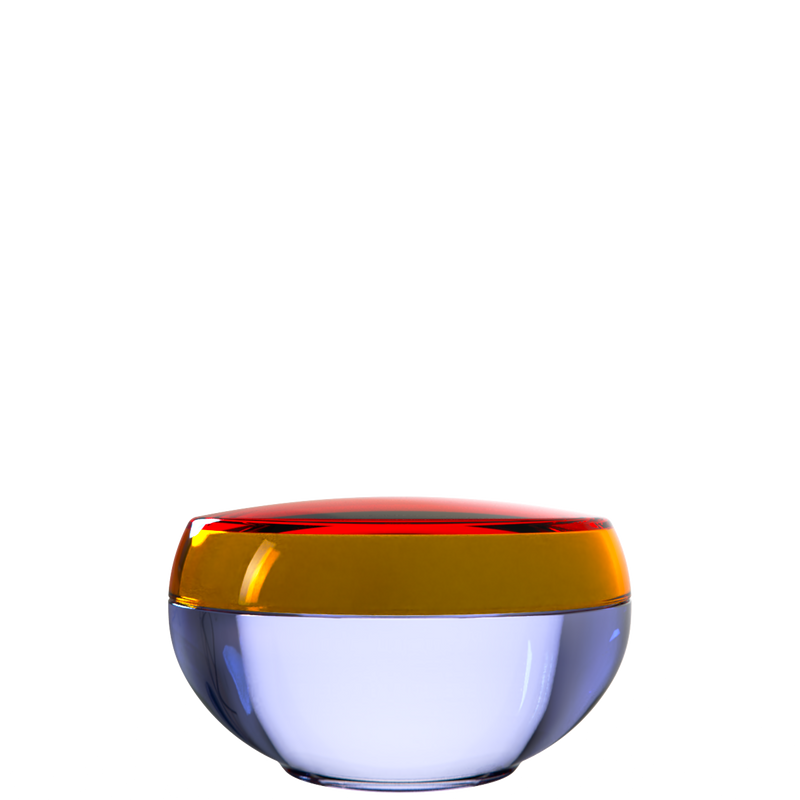 Ju 28 interchangeable cosmetic holder, amber brown cap with a periwinkle body, front view