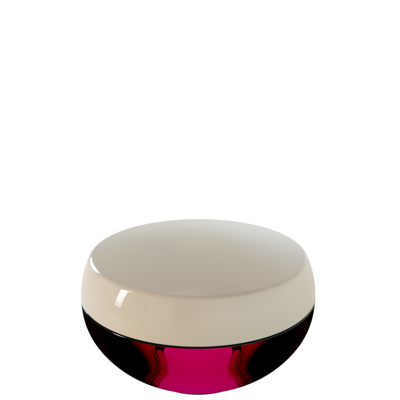 Ju 29 interchangeable cosmetic holder in sand and dark red, angled view of the domed cap
