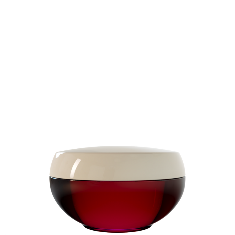 Ju 29 interchangeable cosmetic holder, sand cap with a dark red body, front view