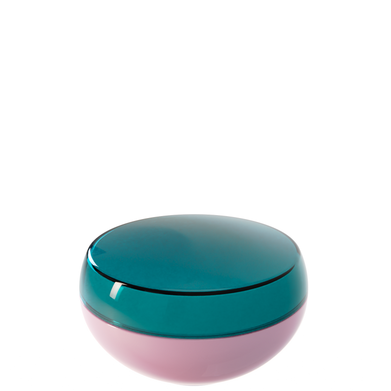 Ju 30 interchangeable cosmetic holder in teal and dusty pink, angled view of the domed cap