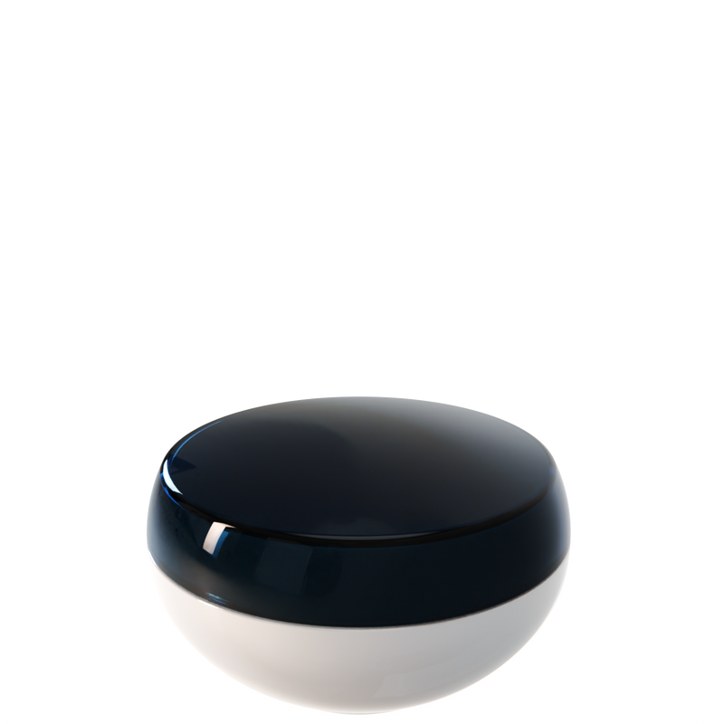Ju 32 interchangeable cosmetic holder in midnight navy and warm grey, angled view of the domed cap