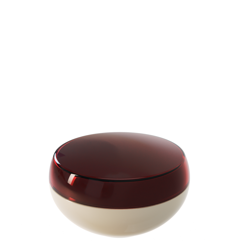 Ju 36 interchangeable cosmetic holder in dark brown and taupe, angled view of the domed cap