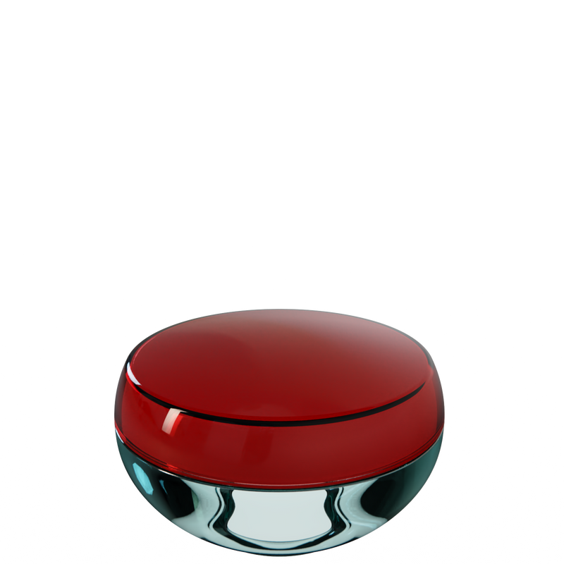 Ju 39 interchangeable cosmetic holder in dark red and aqua, angled view of the domed cap