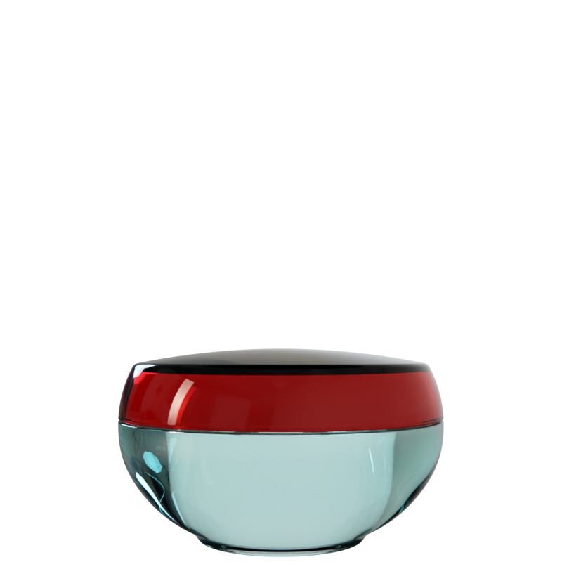 Ju 39 interchangeable cosmetic holder, dark red cap with an aqua body, front view