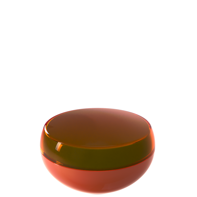 Ju 40 interchangeable cosmetic holder in dark olive and terracotta, angled view of the domed cap