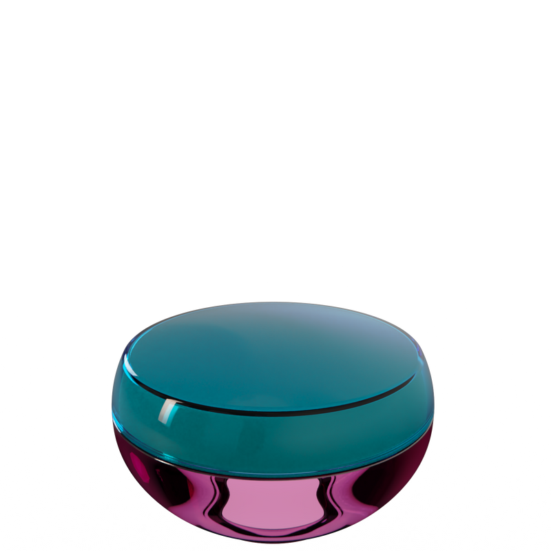 Ju 43 interchangeable cosmetic holder in deep teal and magenta, angled view of the domed cap