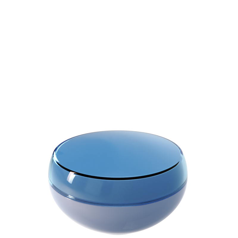 Ju 45 interchangeable cosmetic holder in steel blue and blue grey, angled view of the domed cap