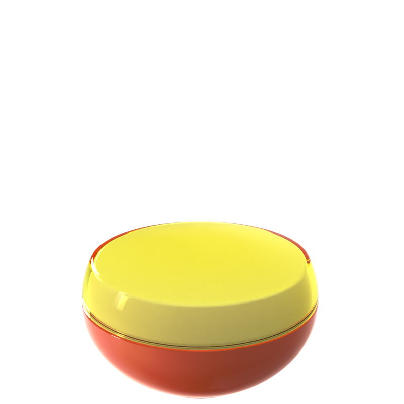Ju 47 interchangeable cosmetic holder in olive yellow and terracotta, angled view of the domed cap