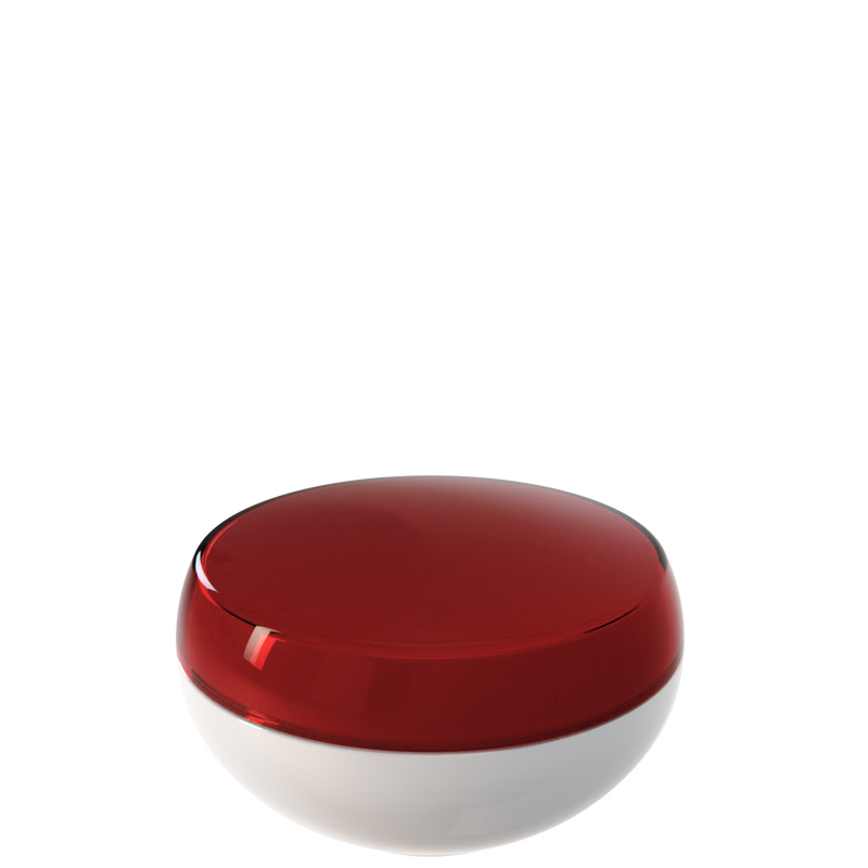 Ju 50 interchangeable cosmetic holder in dark red and warm grey, angled view of the domed cap
