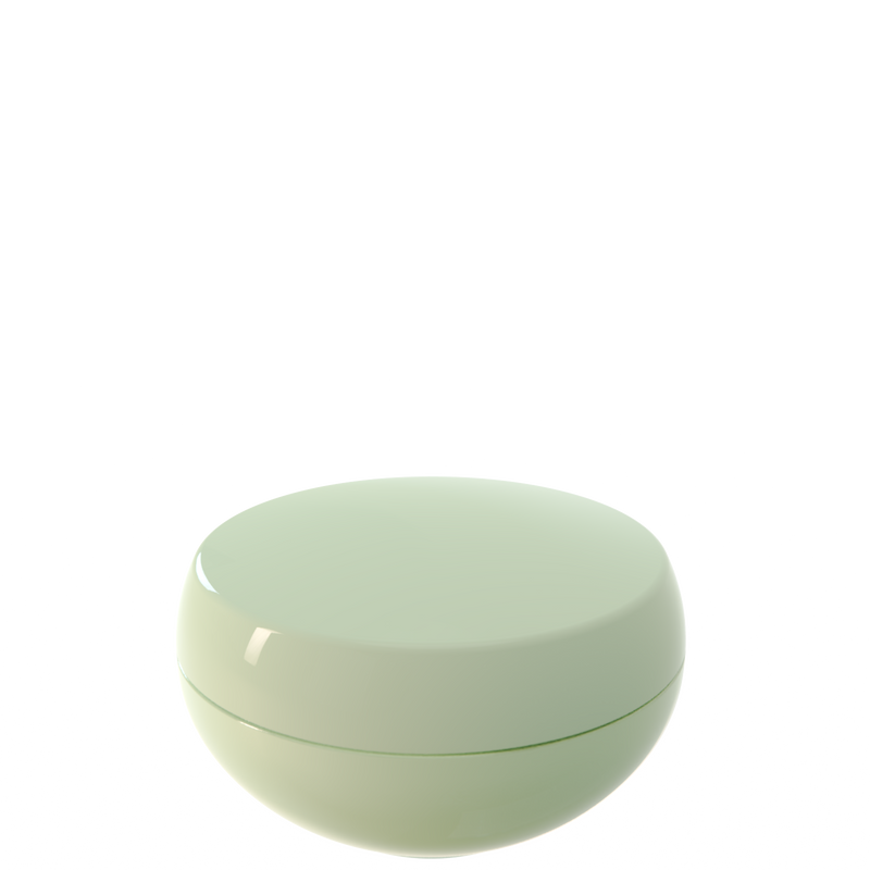 Ju 06 interchangeable cosmetic holder in sage green, angled view of the domed cap