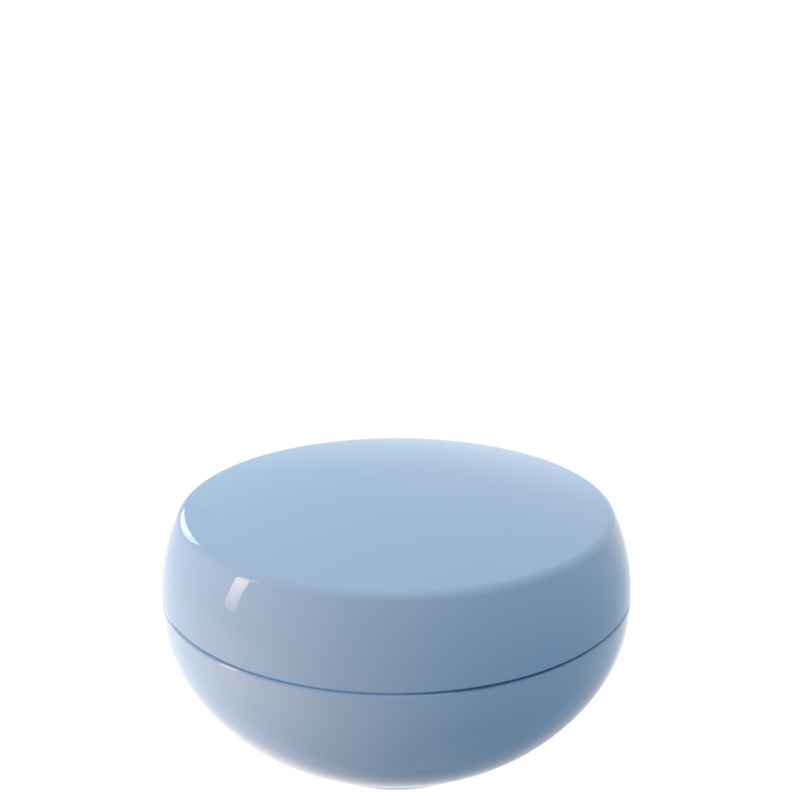 Ju 08 interchangeable cosmetic holder in powder blue, angled view of the domed cap