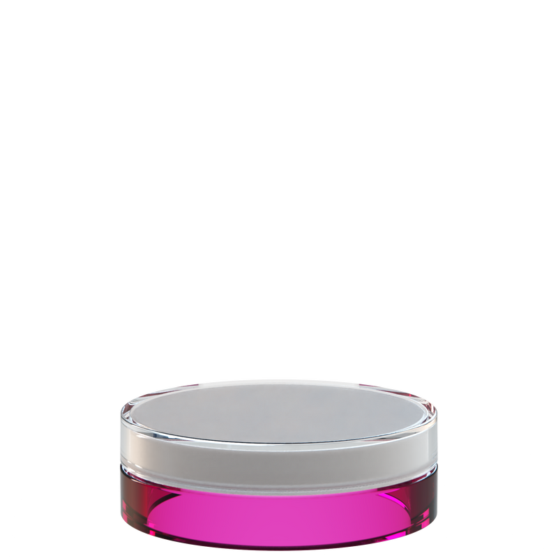 Sai 01 interchangeable cosmetic holder in clear and magenta, angled view of the flat cylinder