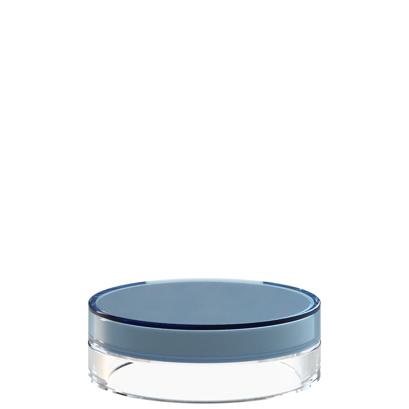 Sai 10 interchangeable cosmetic holder in midnight navy and clear, angled view of the flat cylinder