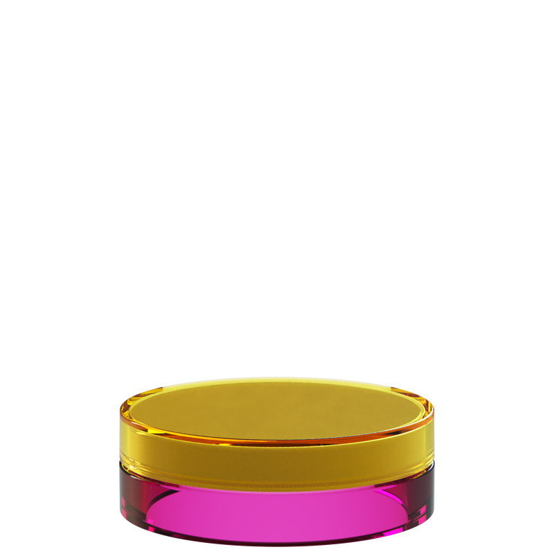 Sai 12 interchangeable cosmetic holder in orange and magenta, angled view of the flat cylinder