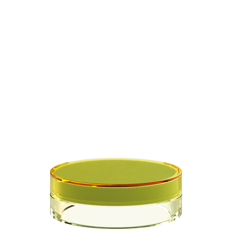 Sai 13 interchangeable cosmetic holder in orange and pale yellow, angled view of the flat cylinder