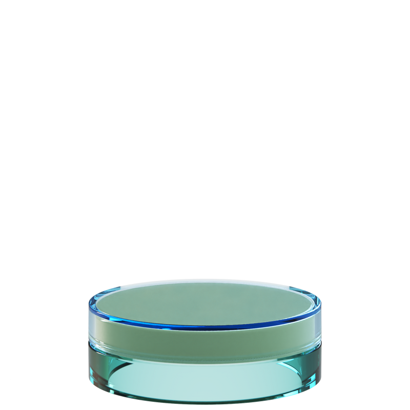 Sai 16 interchangeable cosmetic holder in blue and turquoise, angled view of the flat cylinder