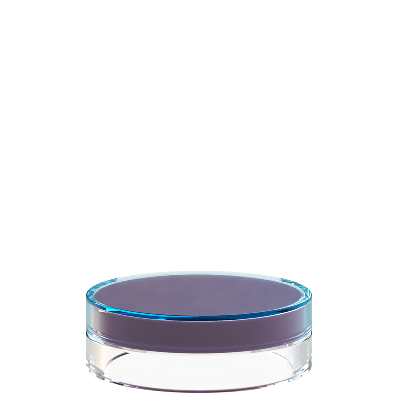 Sai 18 interchangeable cosmetic holder in blue and clear, angled view of the flat cylinder