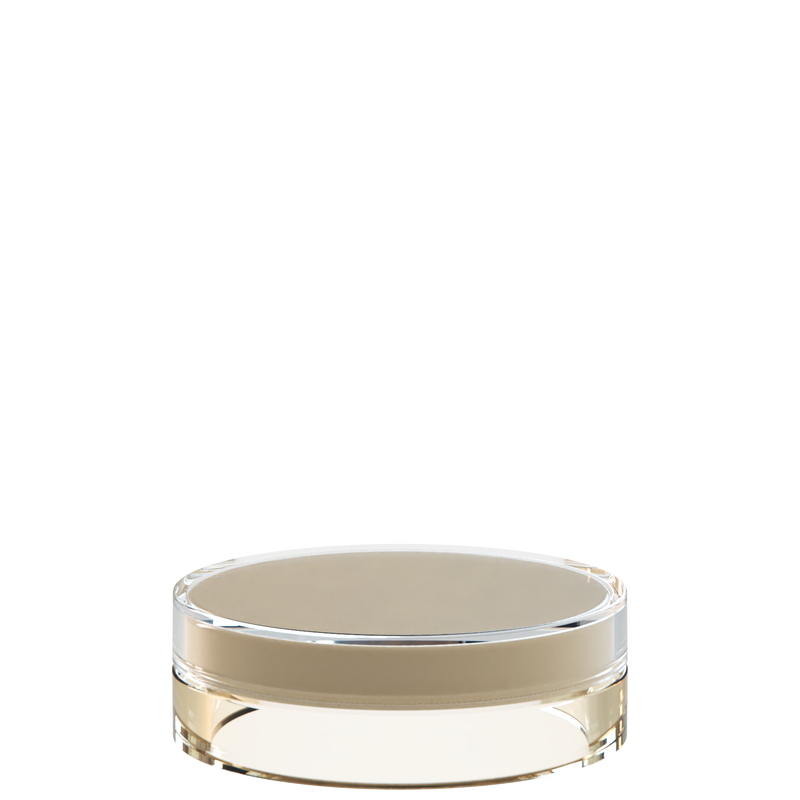 Sai 02 interchangeable cosmetic holder in taupe and ivory, angled view of the flat cylinder