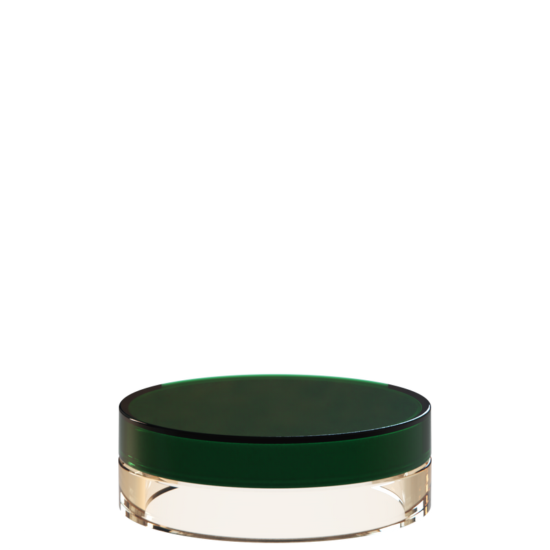 Sai 21 interchangeable cosmetic holder in dark green and cream, angled view of the flat cylinder