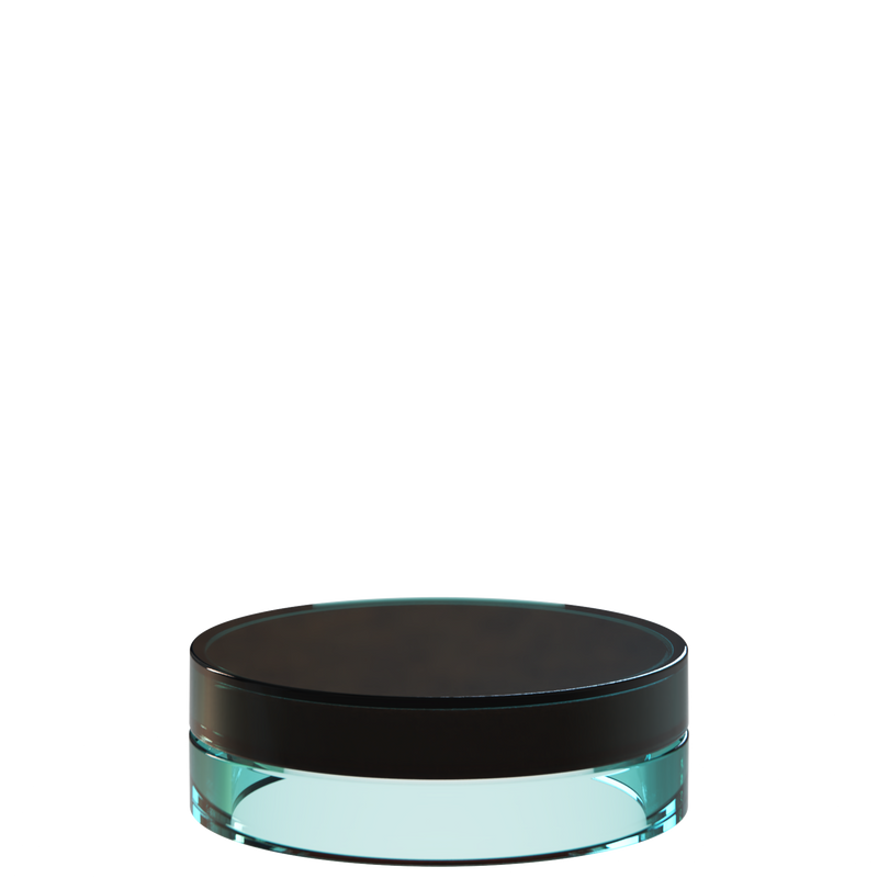 Sai 24 interchangeable cosmetic holder in black and aqua, angled view of the flat cylinder