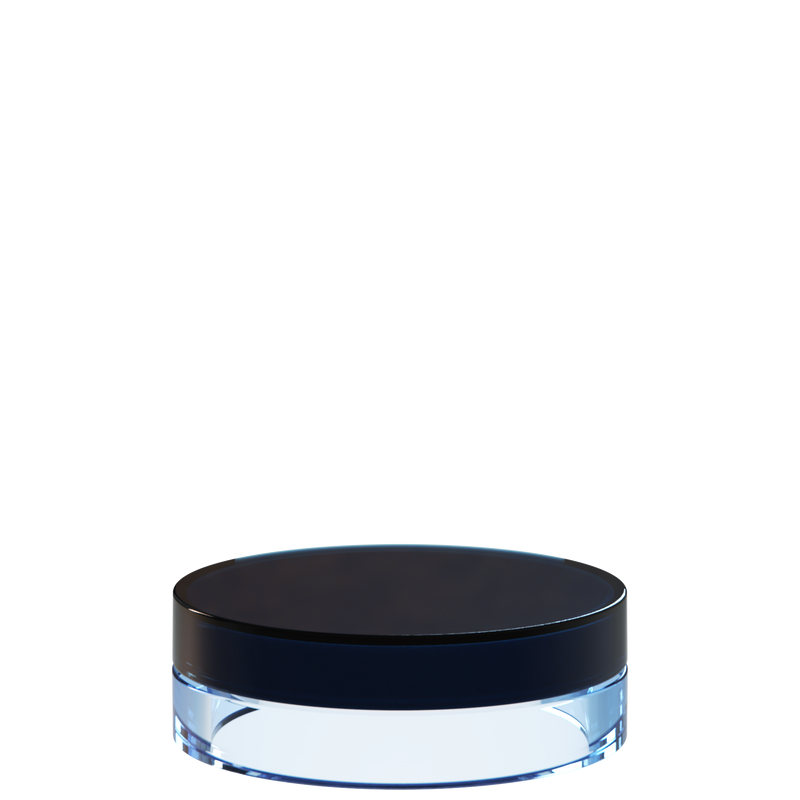 Sai 25 interchangeable cosmetic holder in midnight navy and ice blue, angled view of the flat cylinder