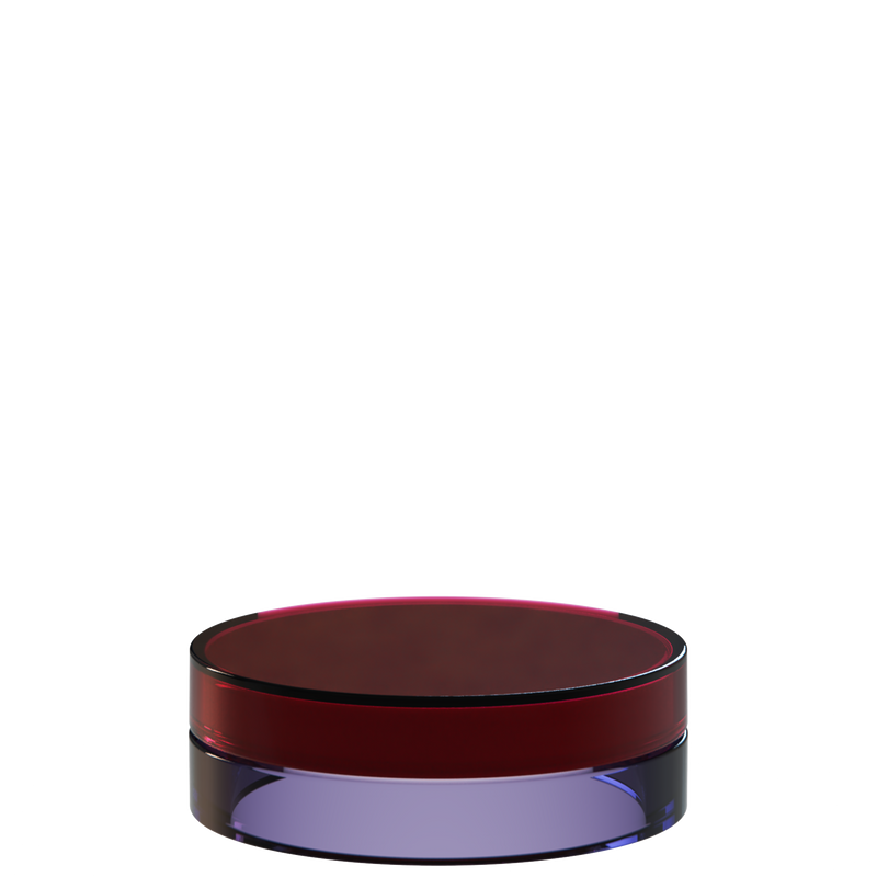Sai 26 interchangeable cosmetic holder in dark red and violet grey, angled view of the flat cylinder