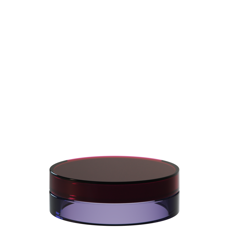 Sai 26 interchangeable cosmetic holder, dark red cap with a violet body, angled view of the flat cylinder