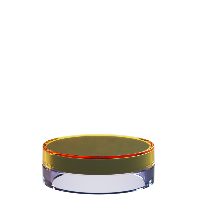 Sai 27 interchangeable cosmetic holder in red and periwinkle, angled view of the flat cylinder