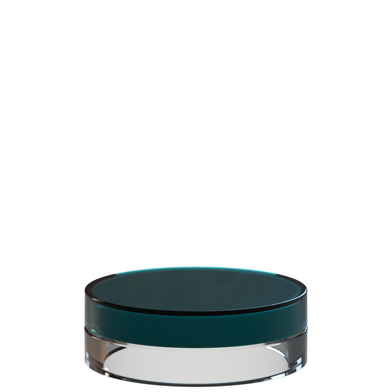 Sai 29 interchangeable cosmetic holder in dark teal and grey, angled view of the flat cylinder