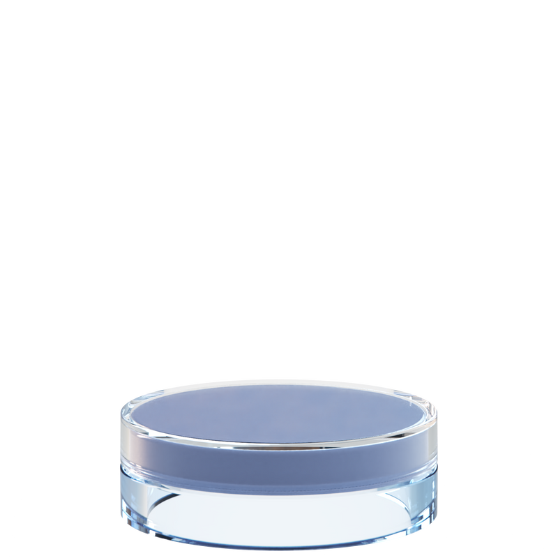 Sai 03 interchangeable cosmetic holder in steel blue and ice blue, angled view of the flat cylinder