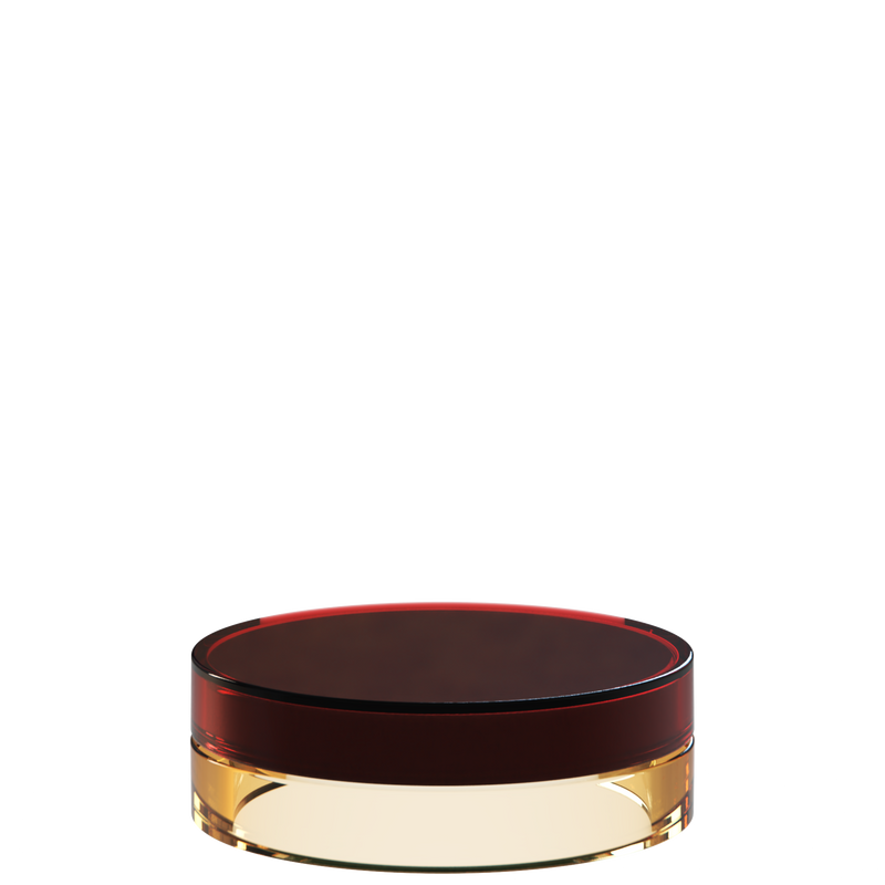 Sai 36 interchangeable cosmetic holder in dark red and sand, angled view of the flat cylinder