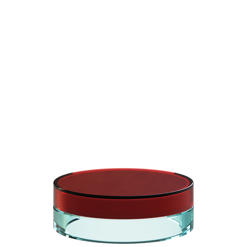 Sai 38 interchangeable cosmetic holder in dark red and aqua, angled view of the flat cylinder