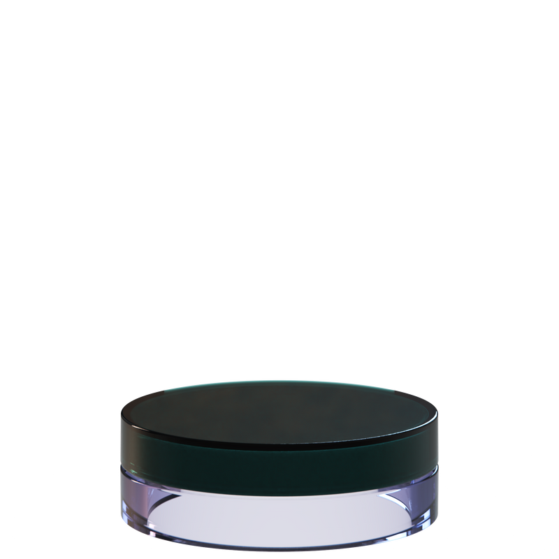 Sai 39 interchangeable cosmetic holder in dark teal and periwinkle, angled view of the flat cylinder