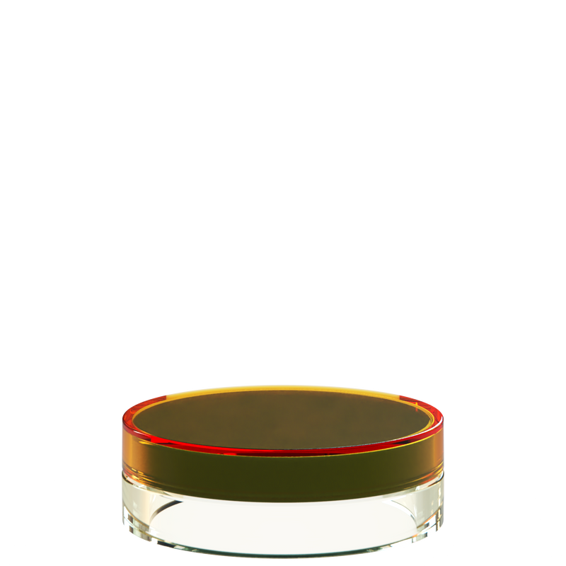 Sai 04 interchangeable cosmetic holder in red and ivory, angled view of the flat cylinder